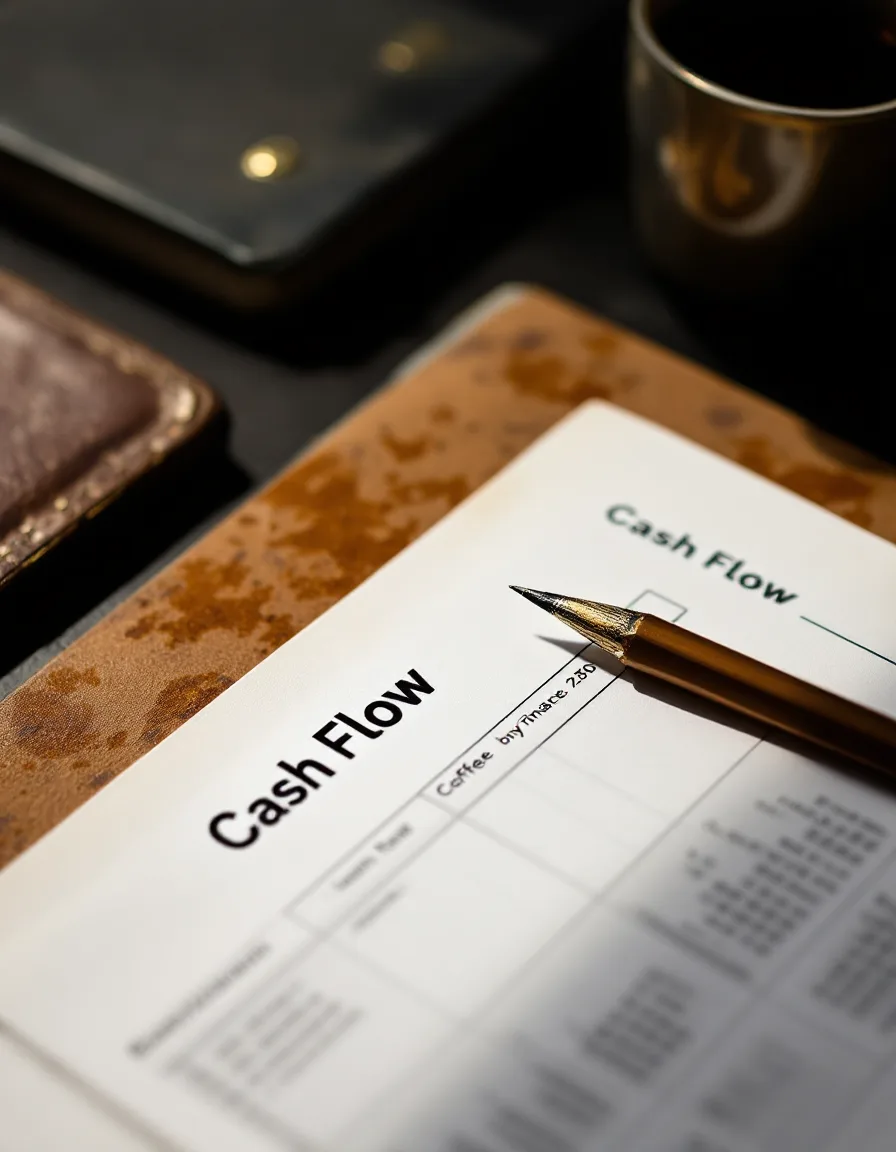 A printed cash-flow model, mechanical pencil, and a well-used ledger under warm light