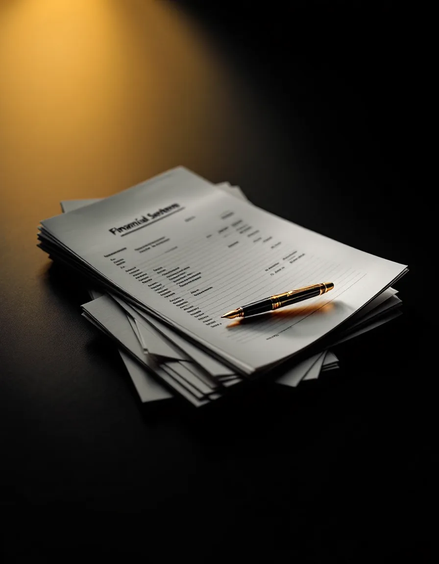 A fountain pen resting on a financial statement in warm light