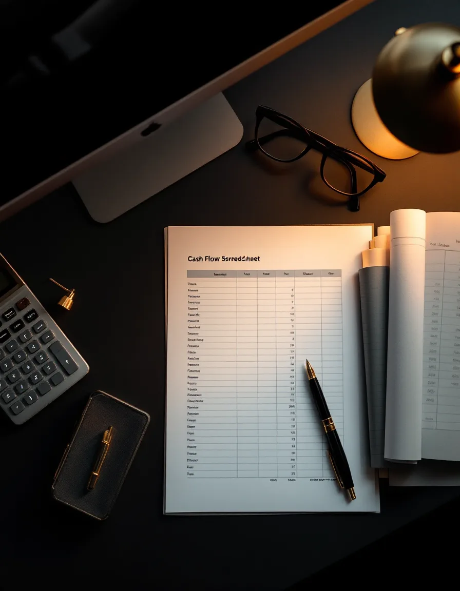 A printed cash-flow forecast, a fountain pen and a calculator arranged on a dark desk